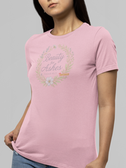 Faith-based women’s tee featuring scripture “Beauty for Ashes” in elegant pastel tones.