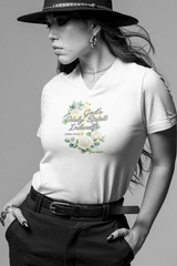 White graphic text tee for women declaring God’s Spirit indwells us, scripture from John 14:16-17, MyCreed inspirational clothing.