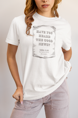 The Good News 3:16 Christian t-shirt by MyCreed with vintage scroll and John 3:16 on White Comfort Colors 1717 garment-dyed tee.
