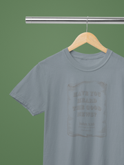 The Good News 3:16 Christian t-shirt by MyCreed with vintage scroll and John 3:16 on GRANITE GREY Comfort Colors 1717 garment-dyed tee.