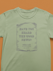 The Good News 3:16 Christian t-shirt by MyCreed with vintage scroll and John 3:16 in SANDSTONE, Comfort Colors 1717 garment-dyed tee.