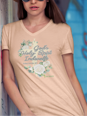 Inspirational women’s v-neck Christian t-shirt, John 14:16-17 scripture design, Holy Spirit indwells believer – MyCreed brand.