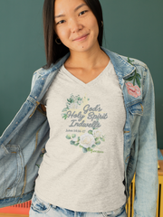 God's Holy Spirit Indwells District® Women’s V-Neck Tee by MyCreed | John 14:16-17