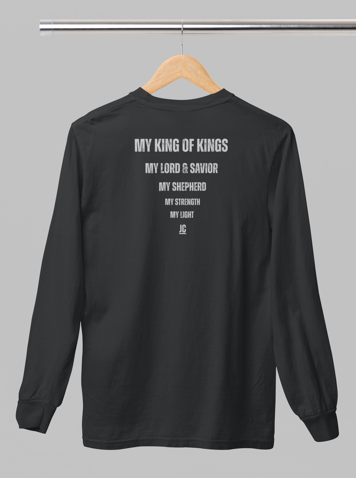 Premium Comfort Colors long sleeve with subtle faith-based back print design.