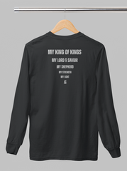 Premium Comfort Colors long sleeve with subtle faith-based back print design.