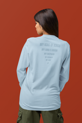 Back view of The JC Creed Tee with stacked titles tapering down to Jesus Christ.