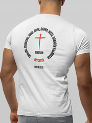 Faith-based streetwear t-shirt with red cross design, Jehovah names circle, and scripture Psalm 83:18.