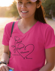 Loved Beyond Measure Romans 8:38–39 women’s Christian V-neck tee by MyCreed
