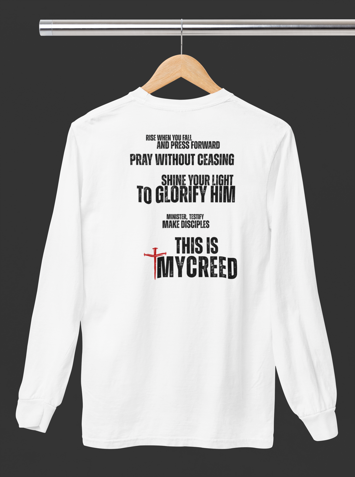 Back print of The Declaration long sleeve Christian tee by MyCreed featuring bold faith statements and Matthew 5:16 inspiration.