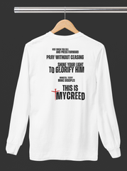 Back print of The Declaration long sleeve Christian tee by MyCreed featuring bold faith statements and Matthew 5:16 inspiration.