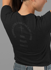 Faith-based slim fit women’s T-shirt – YHWH’s Names circle typography graphic with cross motif