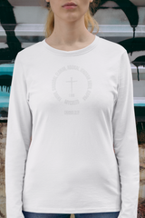 Women’s long sleeve Christian t-shirt styled with bold “Names of God” front design, everyday faithwear.