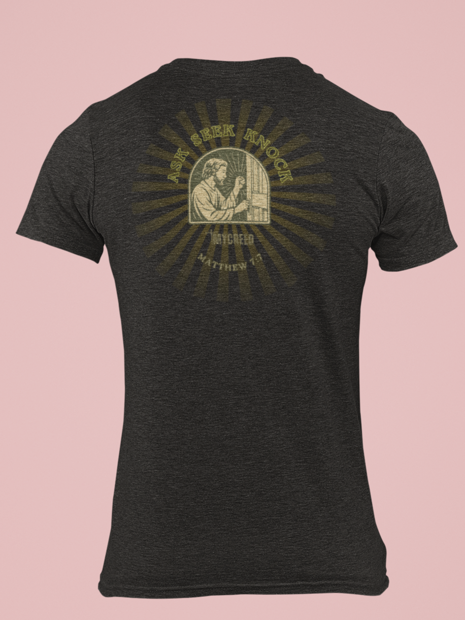 Back view of MyCreed ‘Ask, Seek, Knock’ Matthew 7:7 Christian tee in charcoal black triblend