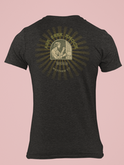 Back view of MyCreed ‘Ask, Seek, Knock’ Matthew 7:7 Christian tee in charcoal black triblend