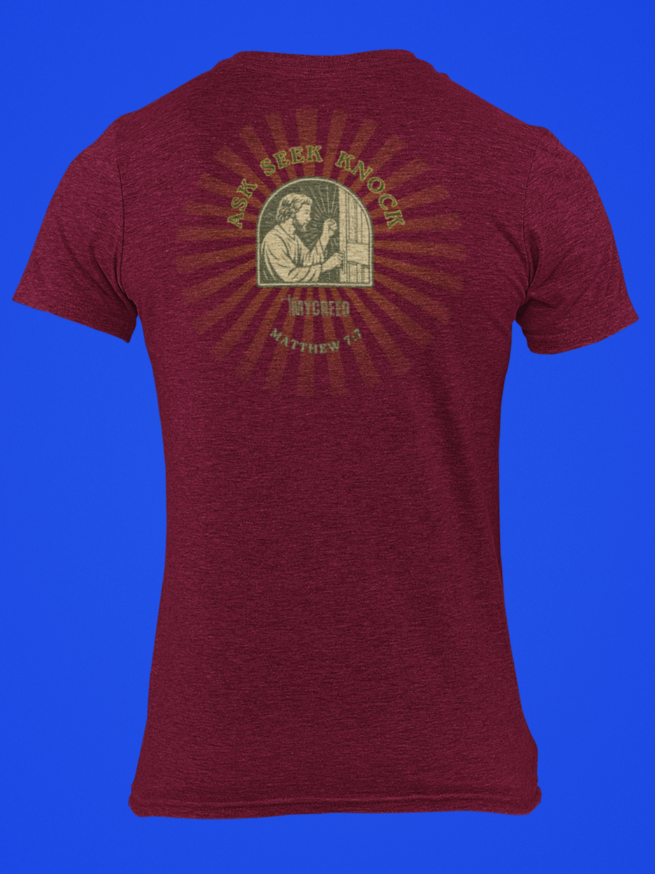 Back view of MyCreed ‘Ask, Seek, Knock’ Matthew 7:7 Christian tee in cardinal triblend