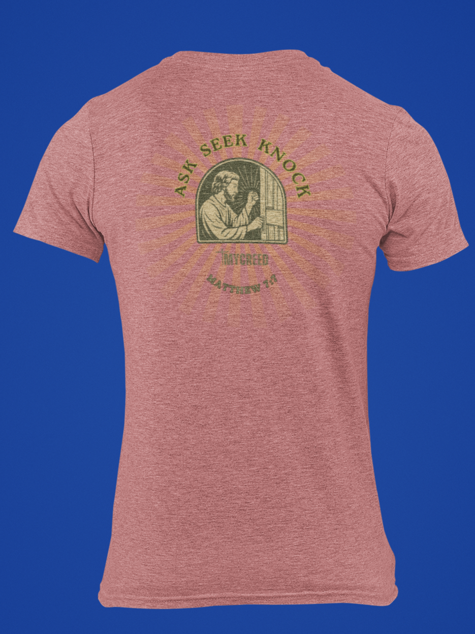Back view of MyCreed ‘Ask, Seek, Knock’ Matthew 7:7 Christian tee in mauve triblend