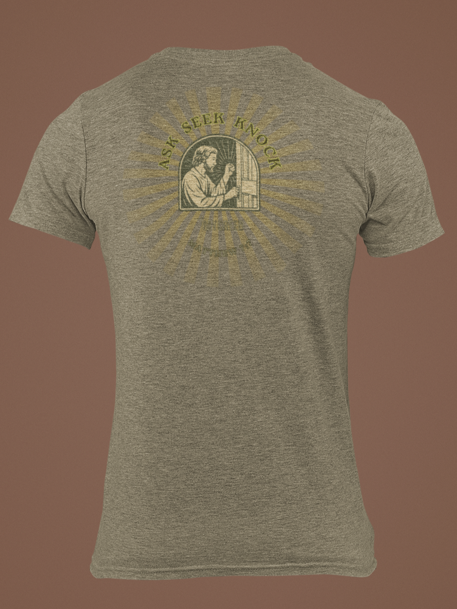 Back view of MyCreed ‘Ask, Seek, Knock’ Matthew 7:7 Christian tee in olive triblend