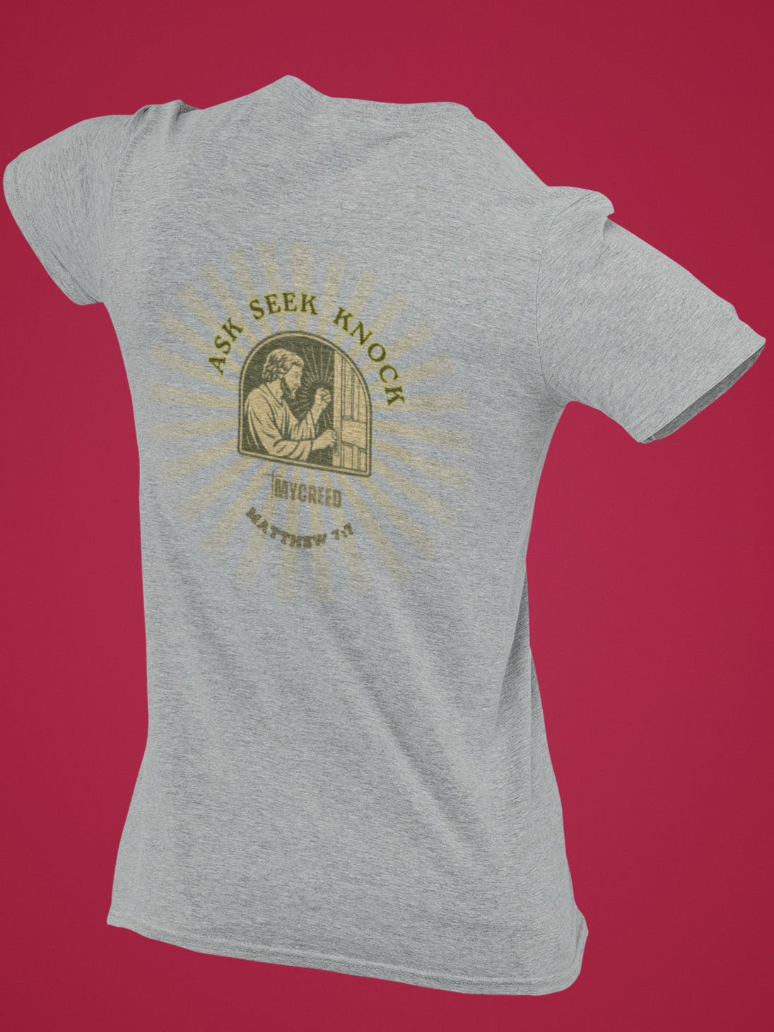 Back view of MyCreed ‘Ask, Seek, Knock’ Matthew 7:7 Christian tee in athletic grey triblend