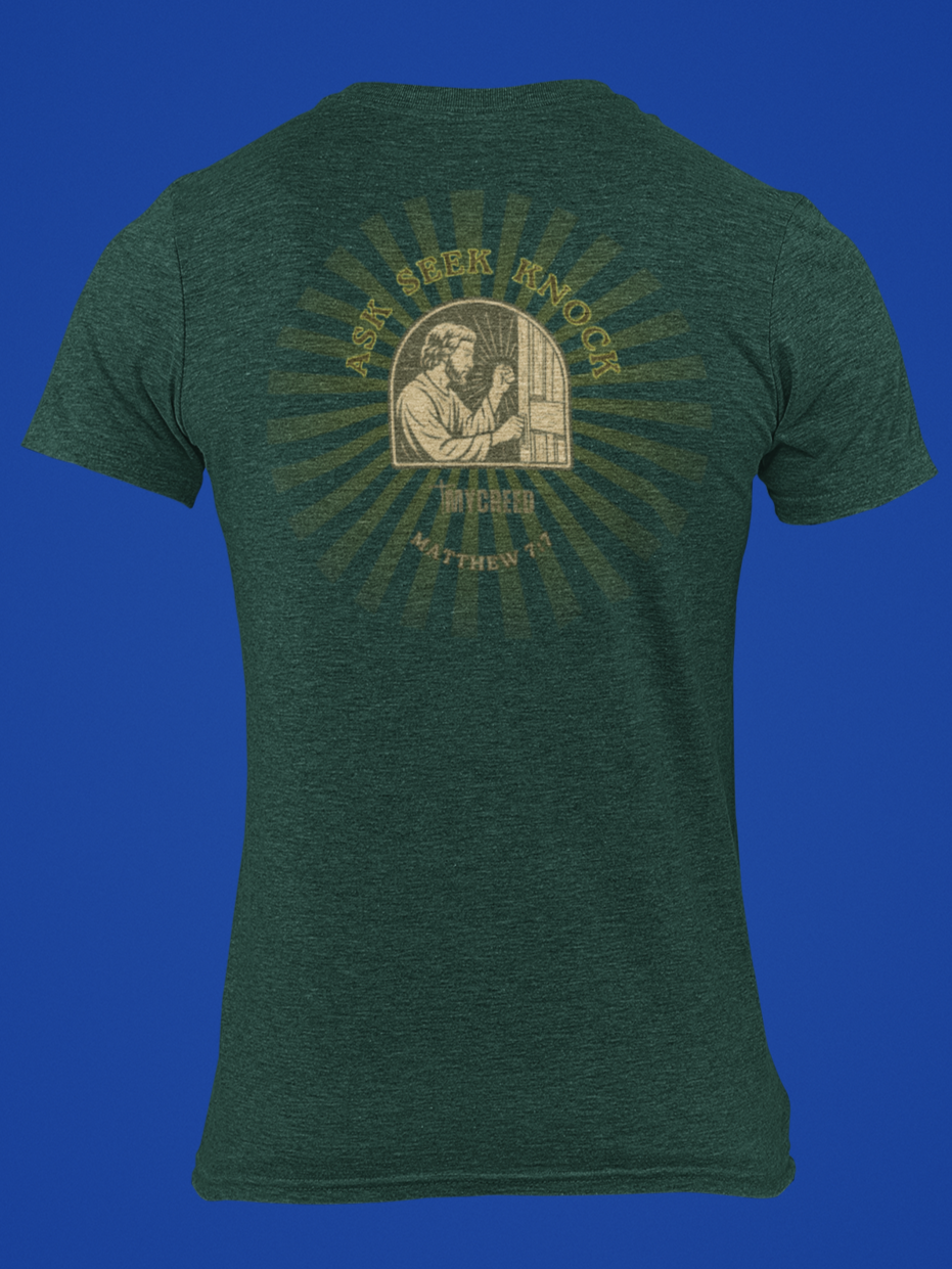Back view of MyCreed ‘Ask, Seek, Knock’ Matthew 7:7 Christian tee in emerald triblend