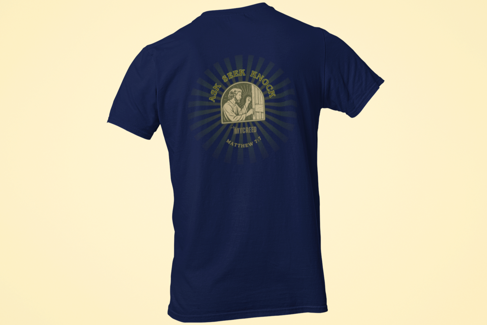 Back view of MyCreed ‘Ask, Seek, Knock’ Matthew 7:7 Christian tee in solid navy triblend