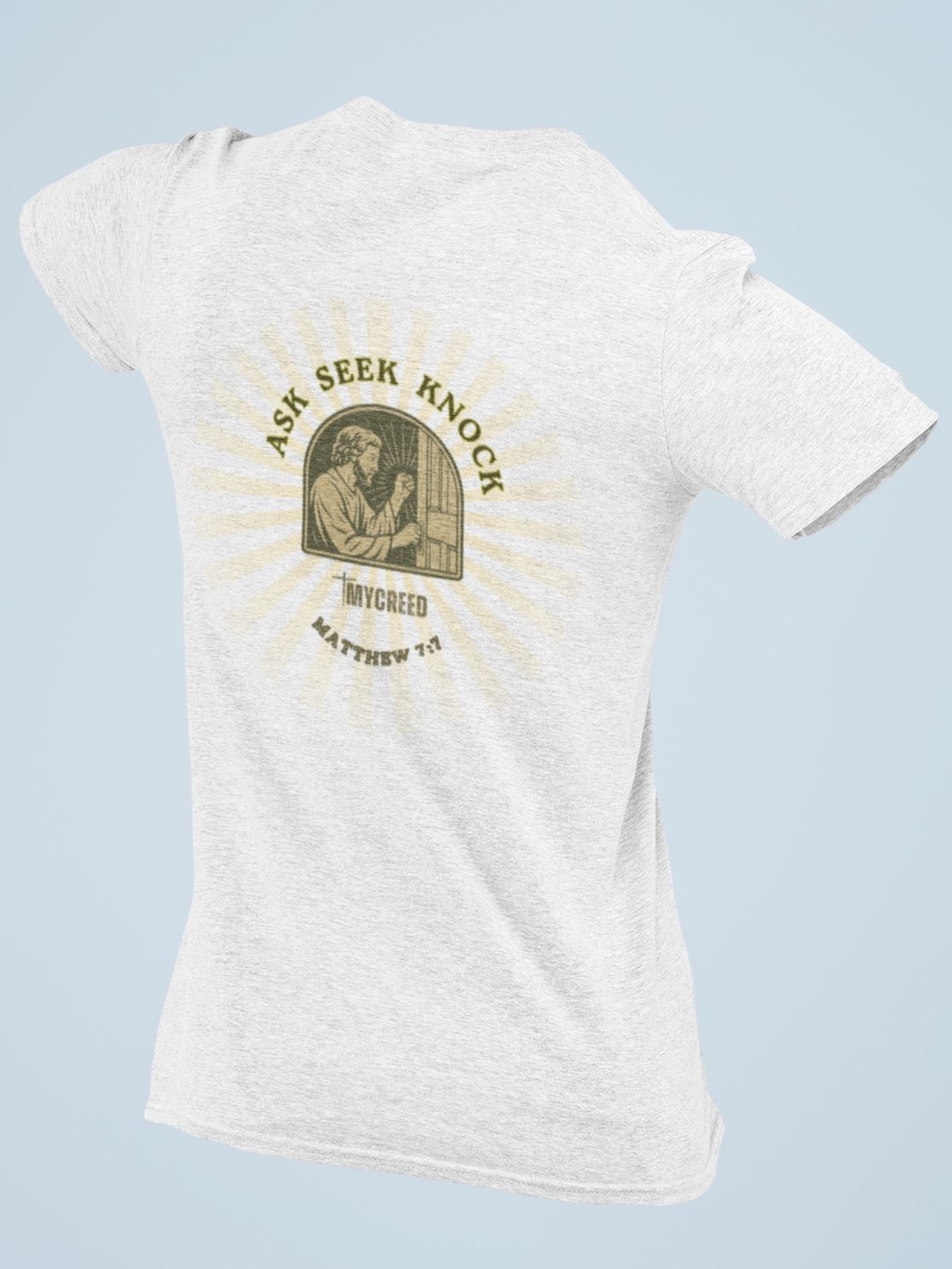 Back view of MyCreed ‘Ask, Seek, Knock’ Matthew 7:7 Christian tee in white fleck triblend