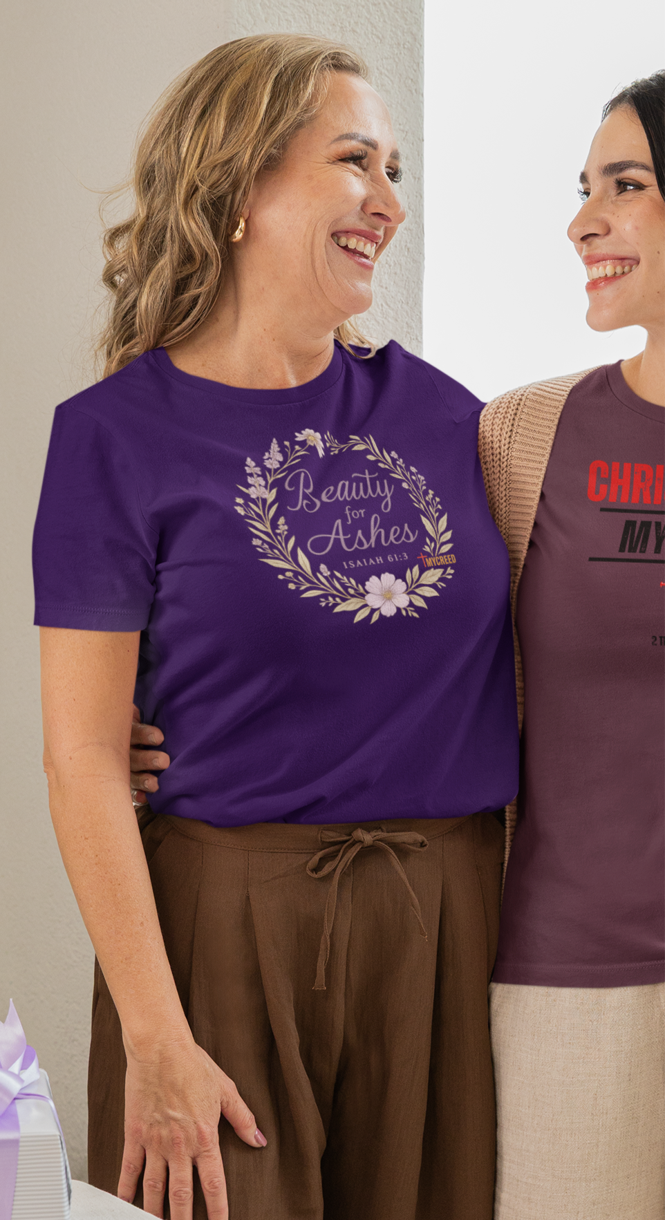Christian t-shirt with floral wreath and “Beauty for Ashes” Isaiah 61:3 design by MyCreed.