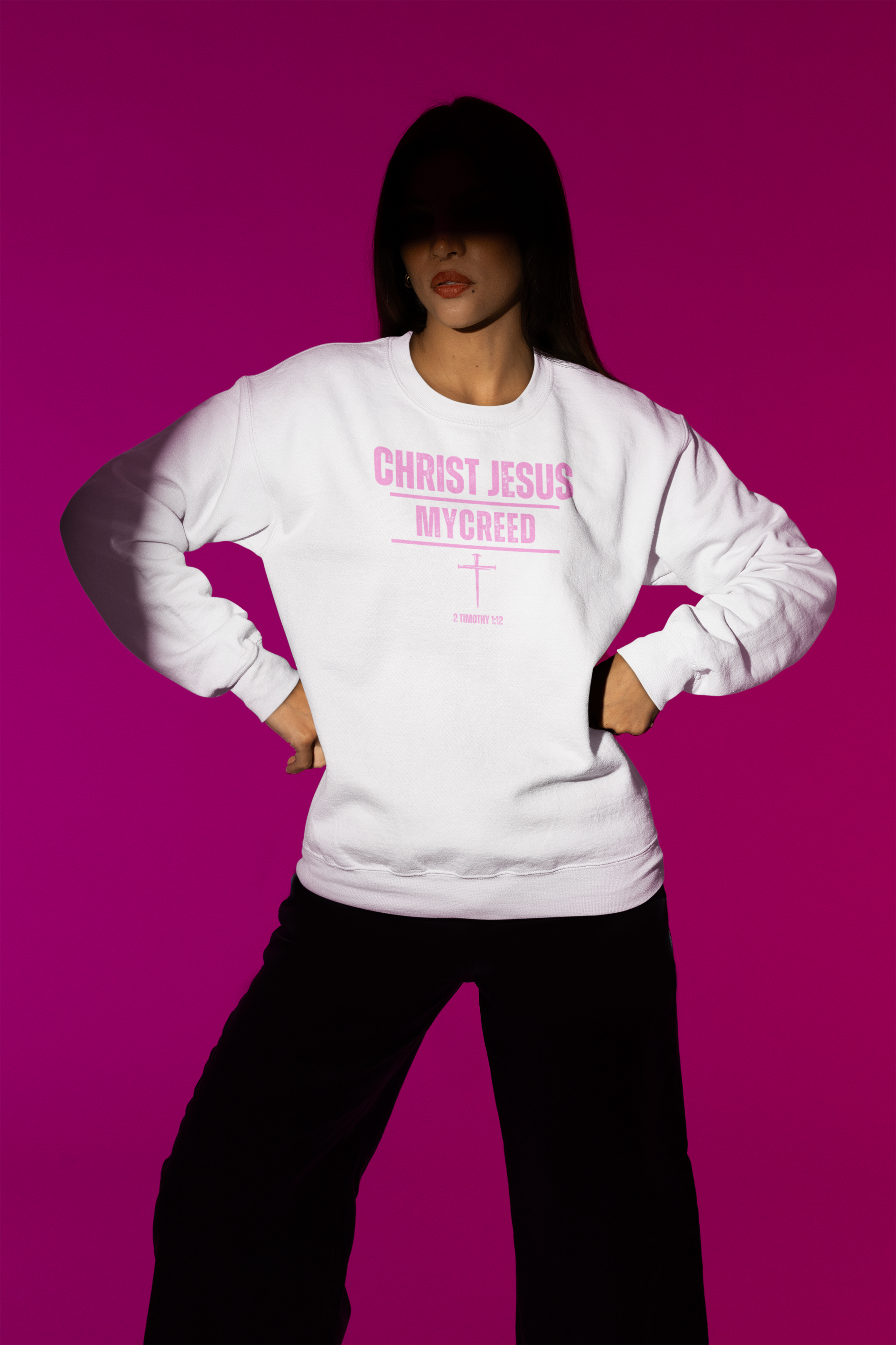 CHRIST JESUS MYCREED Women’s Oversized Organic Cotton Crewneck – 2 Timothy 1:12 Christian Sweatshirt