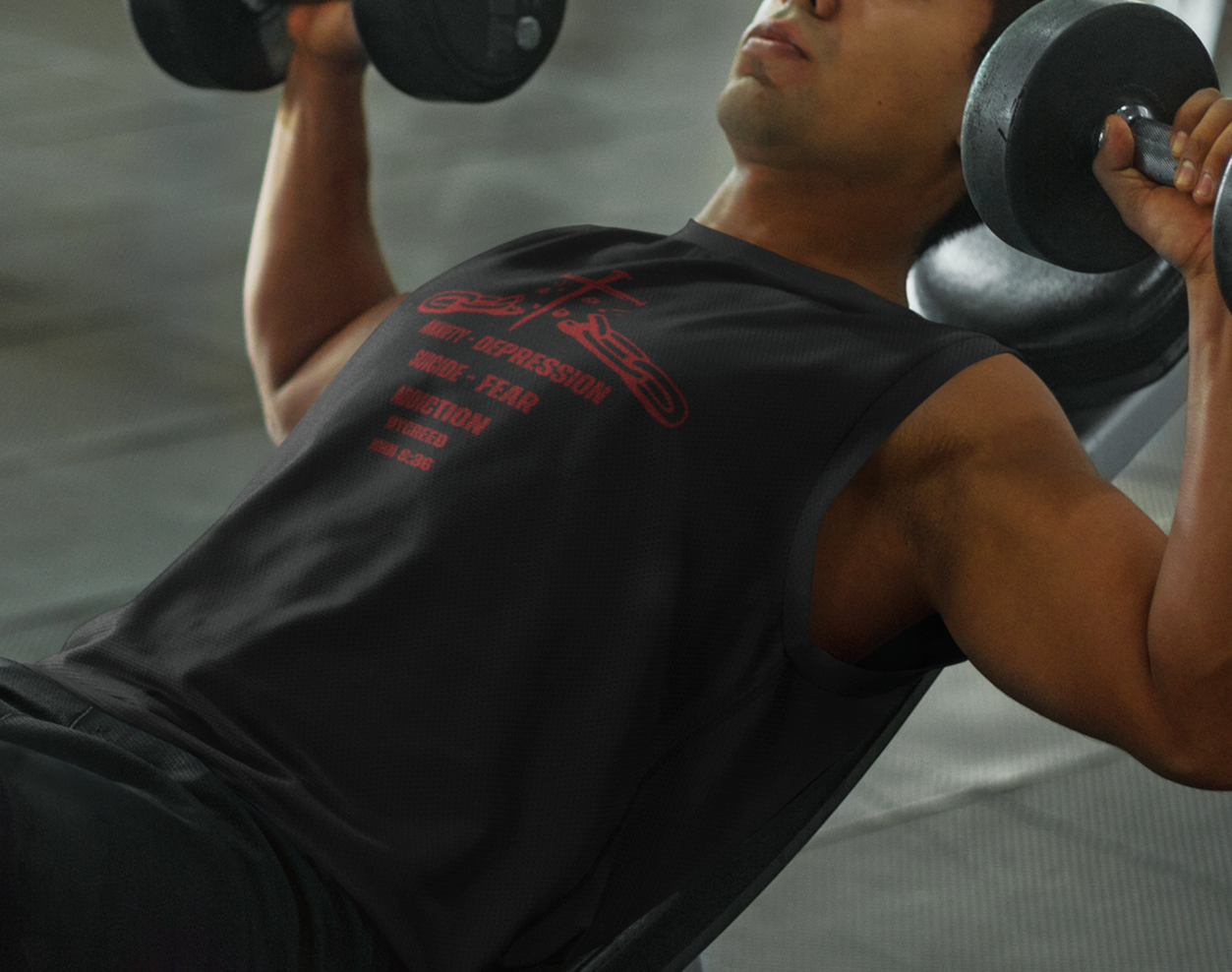 Men’s Christian gym shirt with red cross chain breaker message