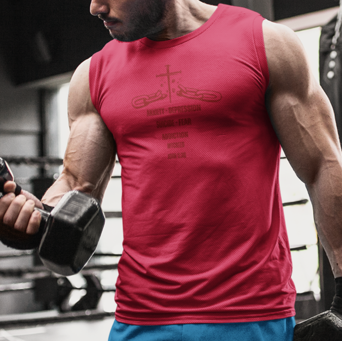 Christian Chain Breaker muscle tank top with John 8:36 scripture design for men’s workouts