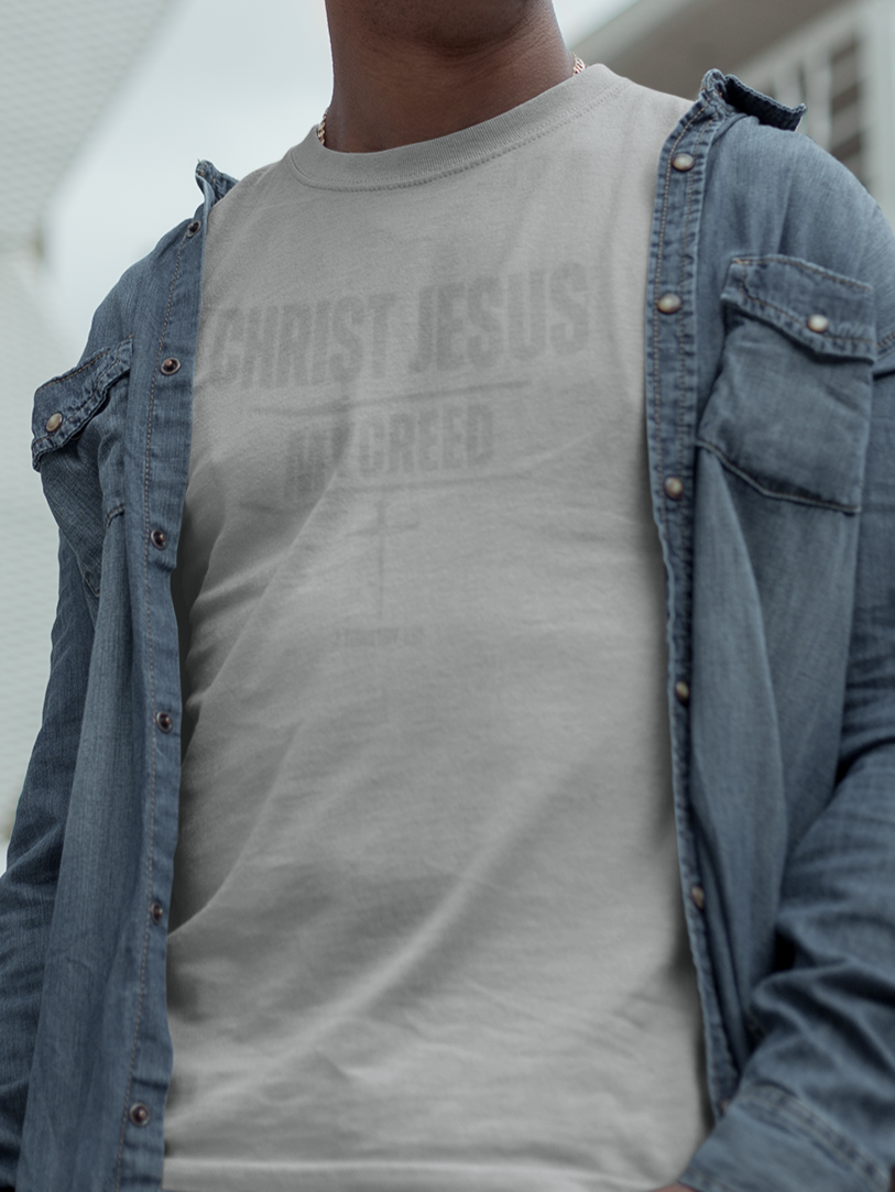 Men’s subtle Christian t-shirt with “CHRIST JESUS MYCREED” and cross design inspired by 2 Timothy 1:12.