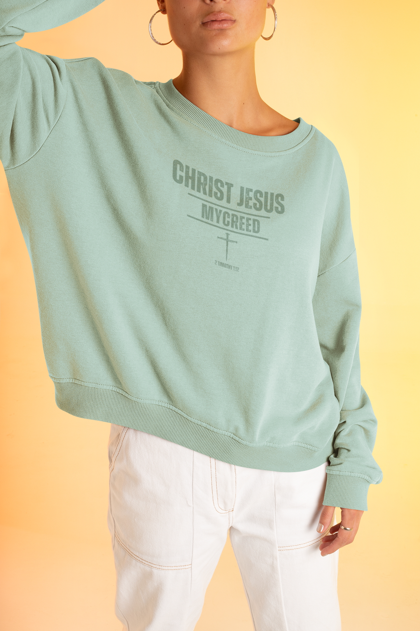 CHRIST JESUS MYCREED Women’s Oversized Organic Cotton Crewneck – 2 Timothy 1:12 Christian Sweatshirt
