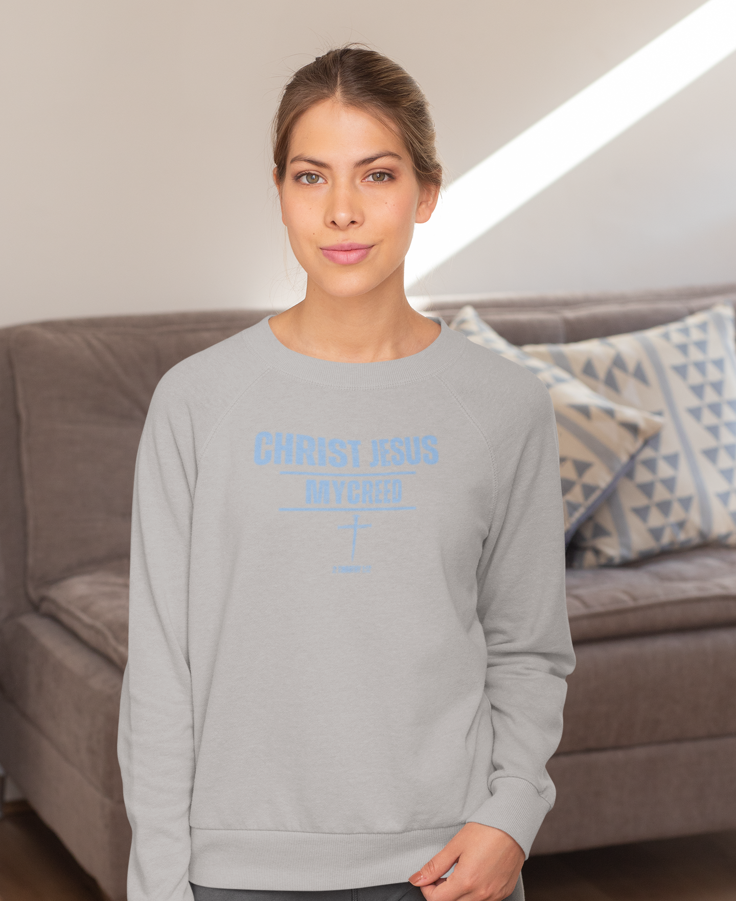 CHRIST JESUS MYCREED Women’s Oversized Organic Cotton Crewneck – 2 Timothy 1:12 Christian Sweatshirt