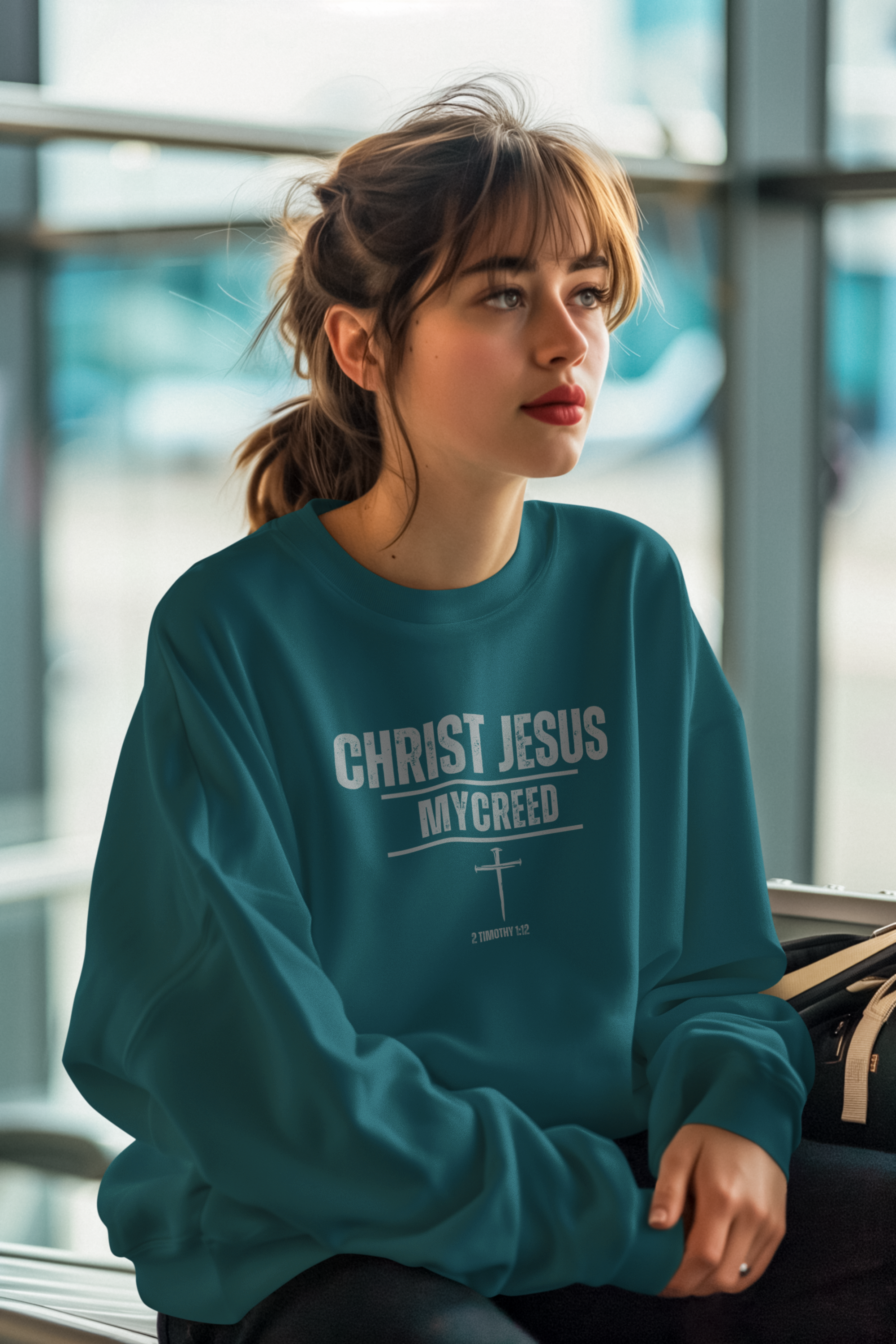 CHRIST JESUS MYCREED Women’s Oversized Organic Cotton Crewneck – 2 Timothy 1:12 Christian Sweatshirt