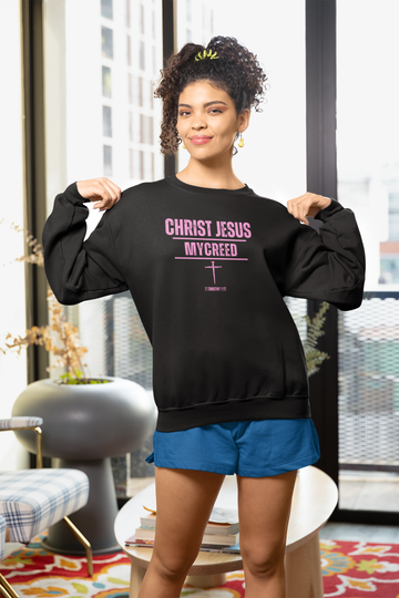CHRIST JESUS MYCREED Women’s Oversized Organic Cotton Crewneck – 2 Timothy 1:12 Christian Sweatshirt