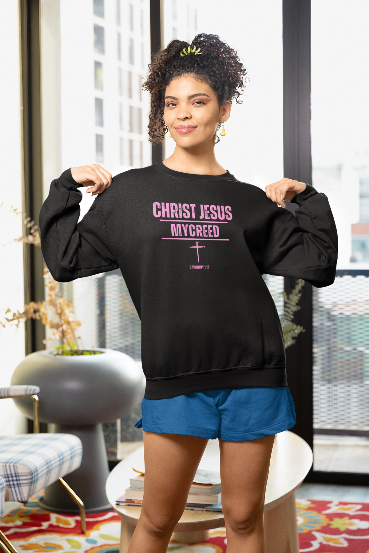 CHRIST JESUS MYCREED Women’s Oversized Organic Cotton Crewneck – 2 Timothy 1:12 Christian Sweatshirt