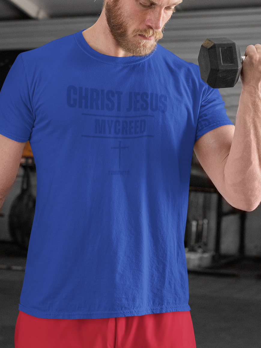 Men’s subtle Christian t-shirt with “CHRIST JESUS MYCREED” and cross design inspired by 2 Timothy 1:12.