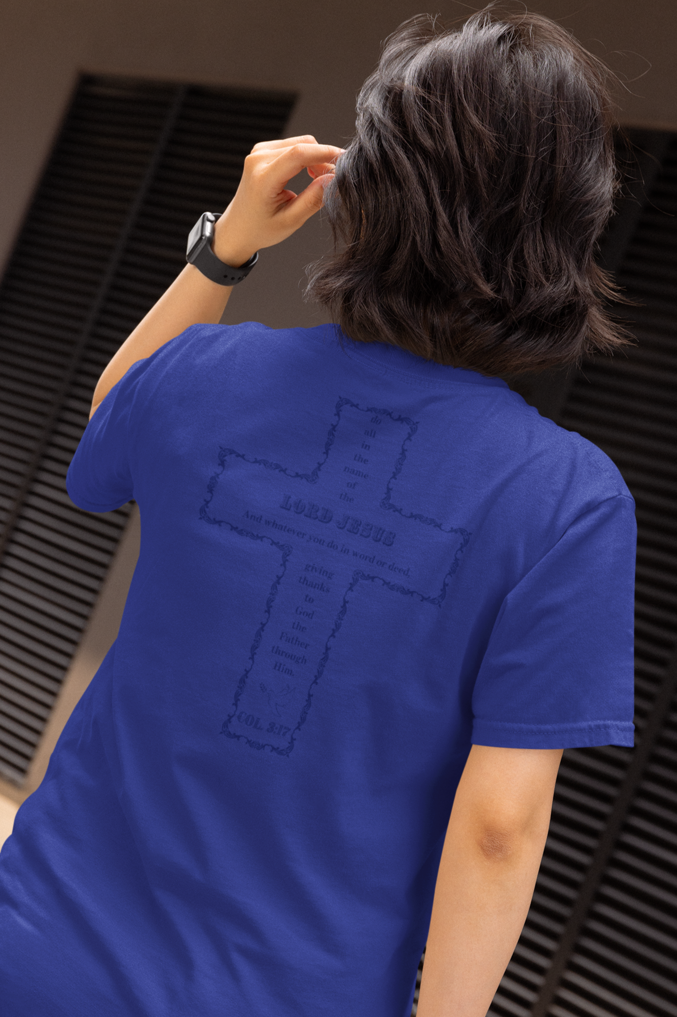 Christian Women’s V-Neck Tee Colossians 3:17 scripture design
