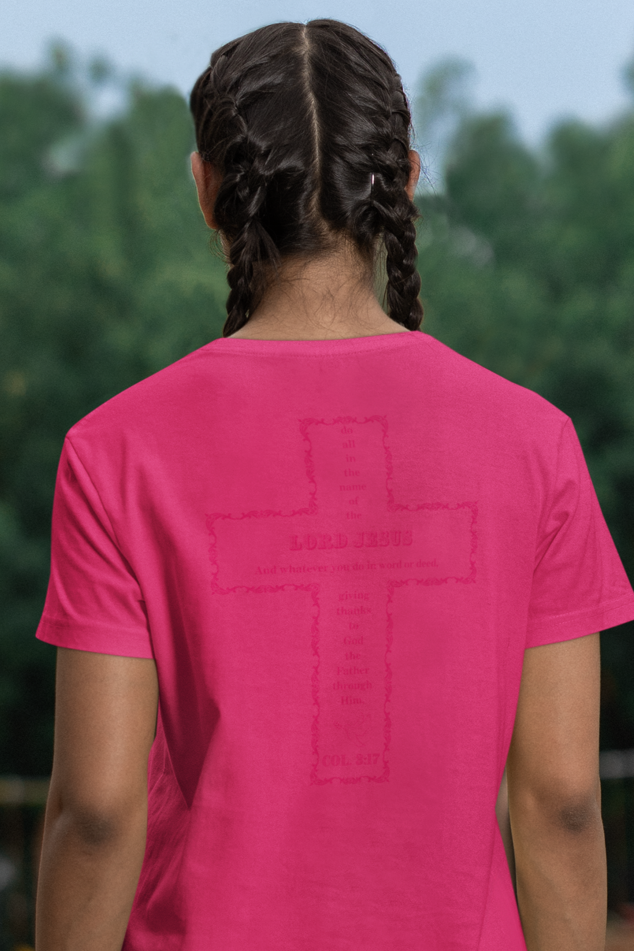 Christian Women’s V-Neck Tee Colossians 3:17 scripture design