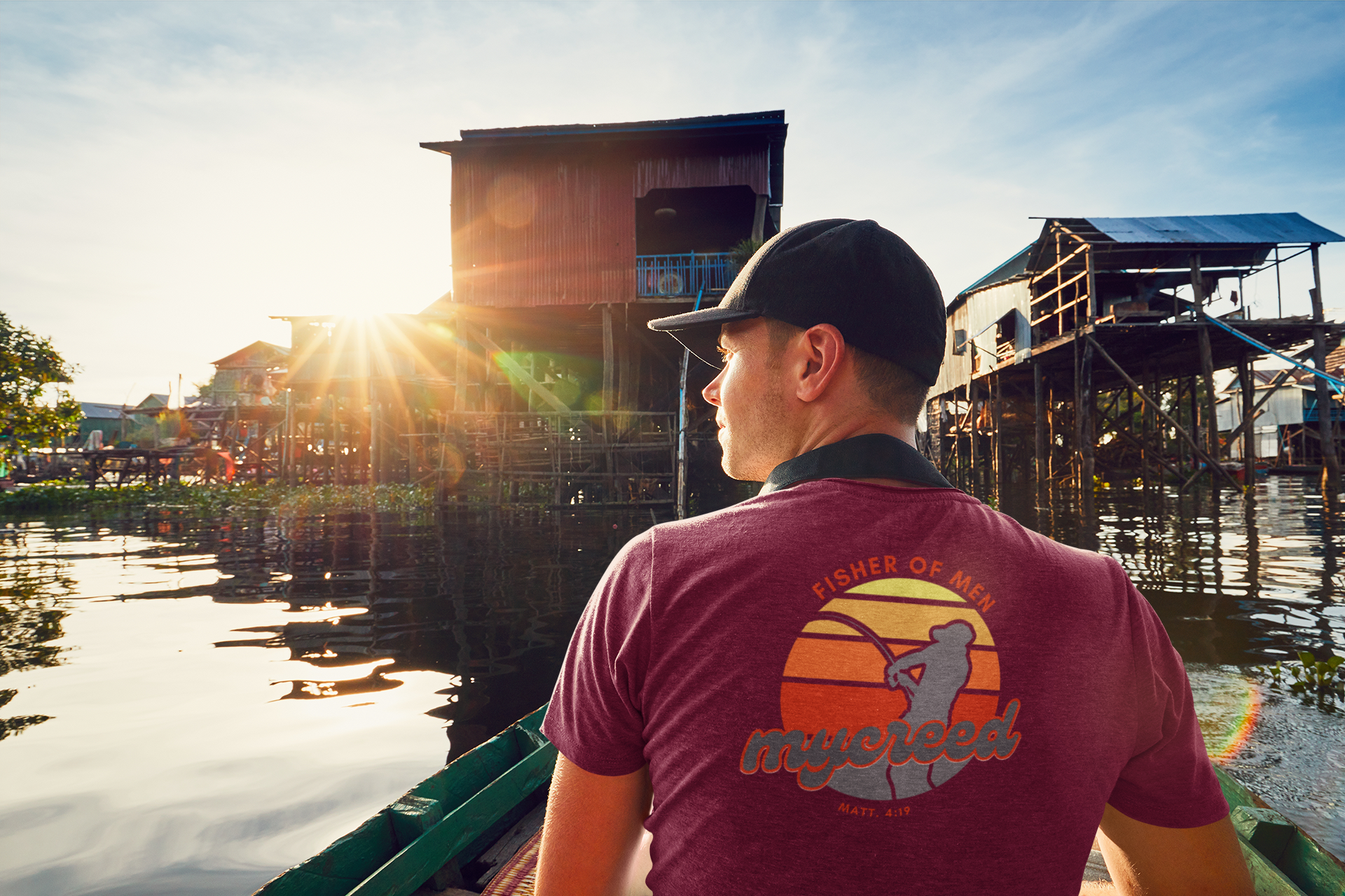 Fisher of Men Christian T-Shirt – Vintage Sunset Back Print | Next Level® Soft Wash by MyCreed