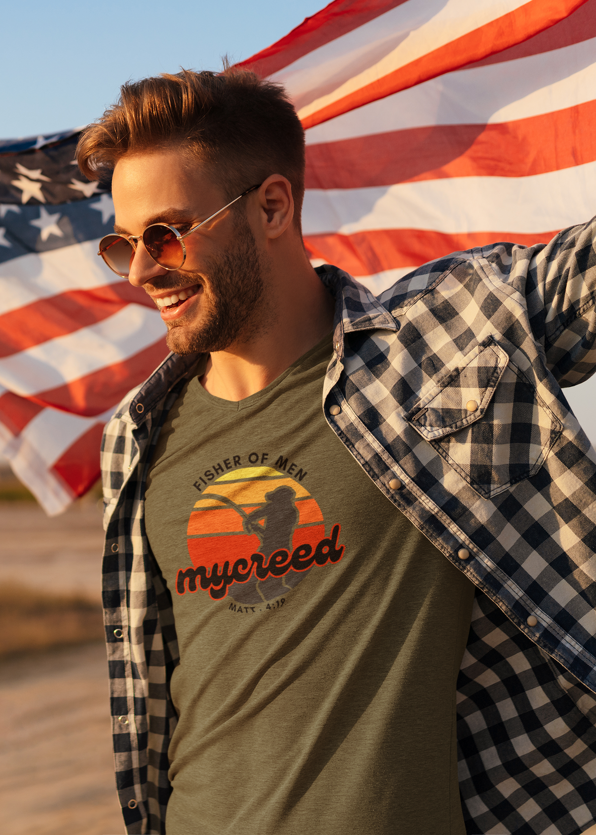Fisher of Men Christian T-Shirt – Vintage Sunset Front Print | Next Level® 3600SW Soft Wash by MyCreed