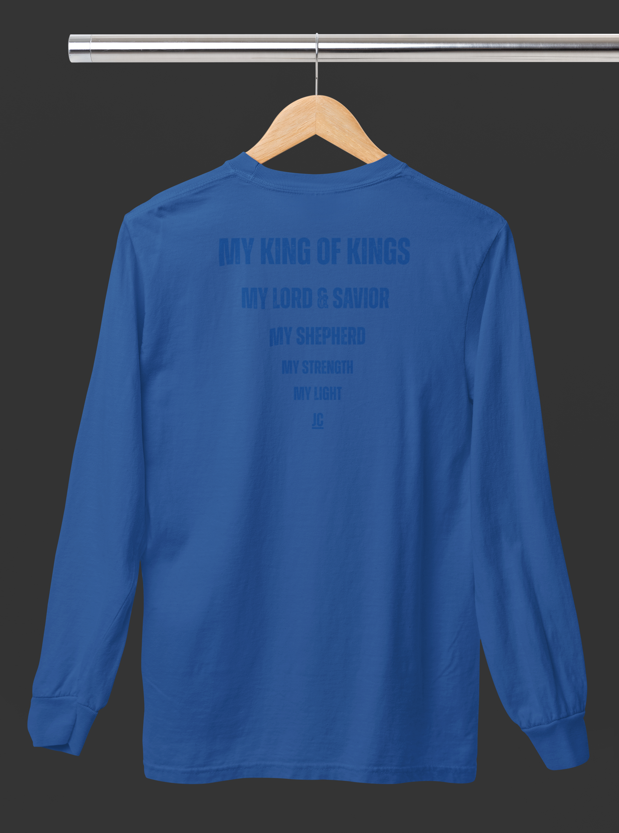 Premium Comfort Colors long sleeve with subtle faith-based back print design.