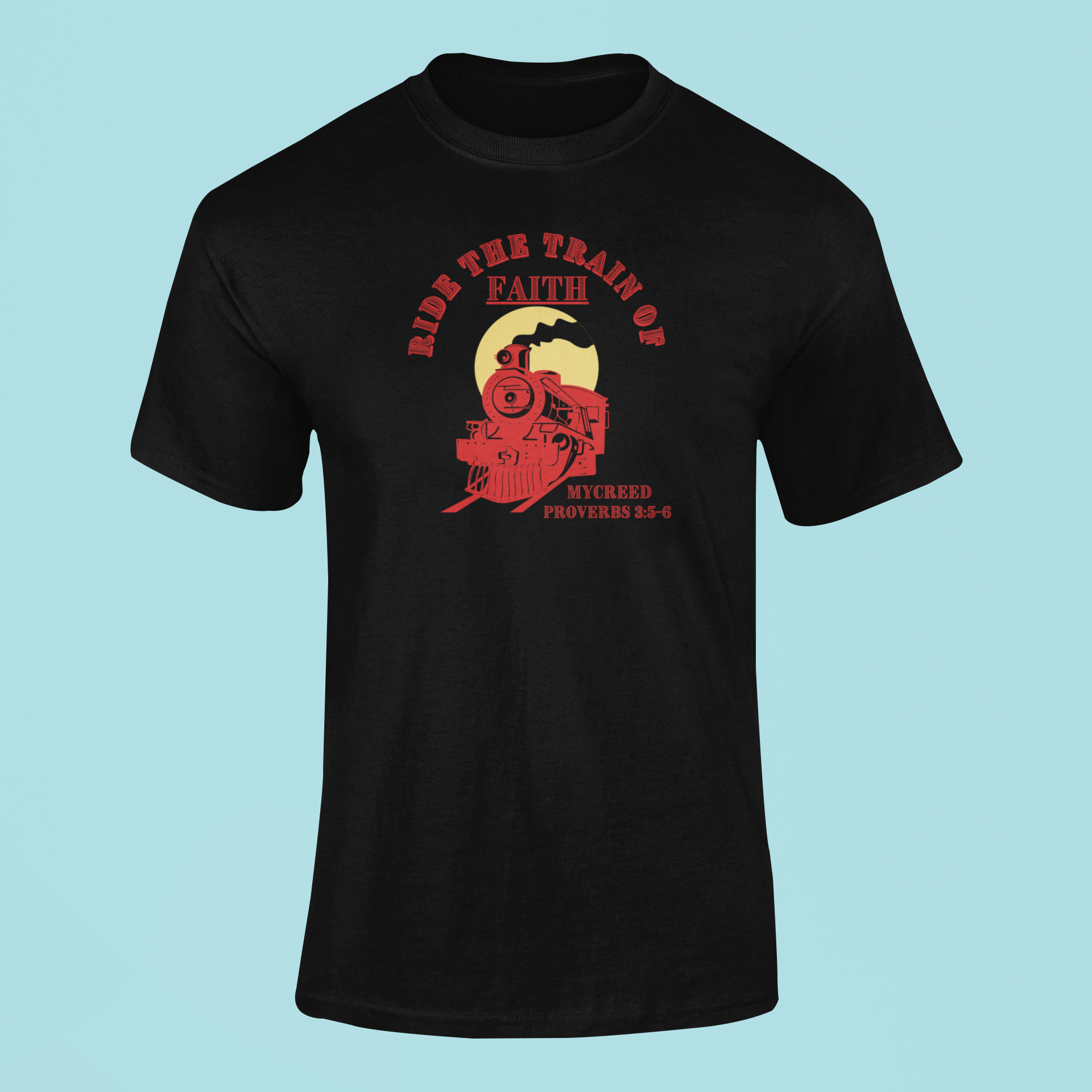 RIDE THE FAITH TRAIN Christian T-Shirt – Romans 10:17 | Bella+Canvas® 3001 by MYCREED