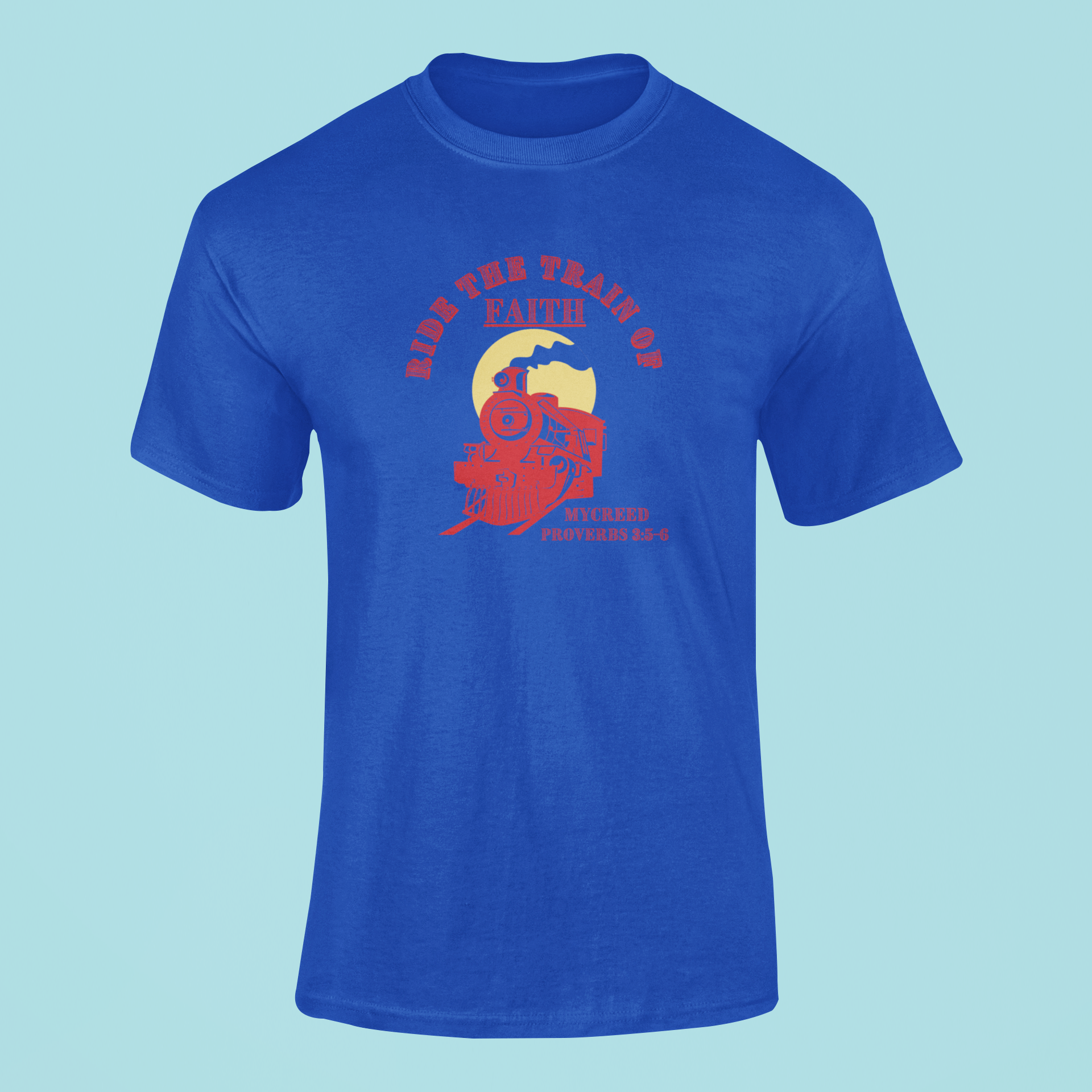 RIDE THE FAITH TRAIN Christian T-Shirt – Romans 10:17 | Bella+Canvas® 3001 by MYCREED