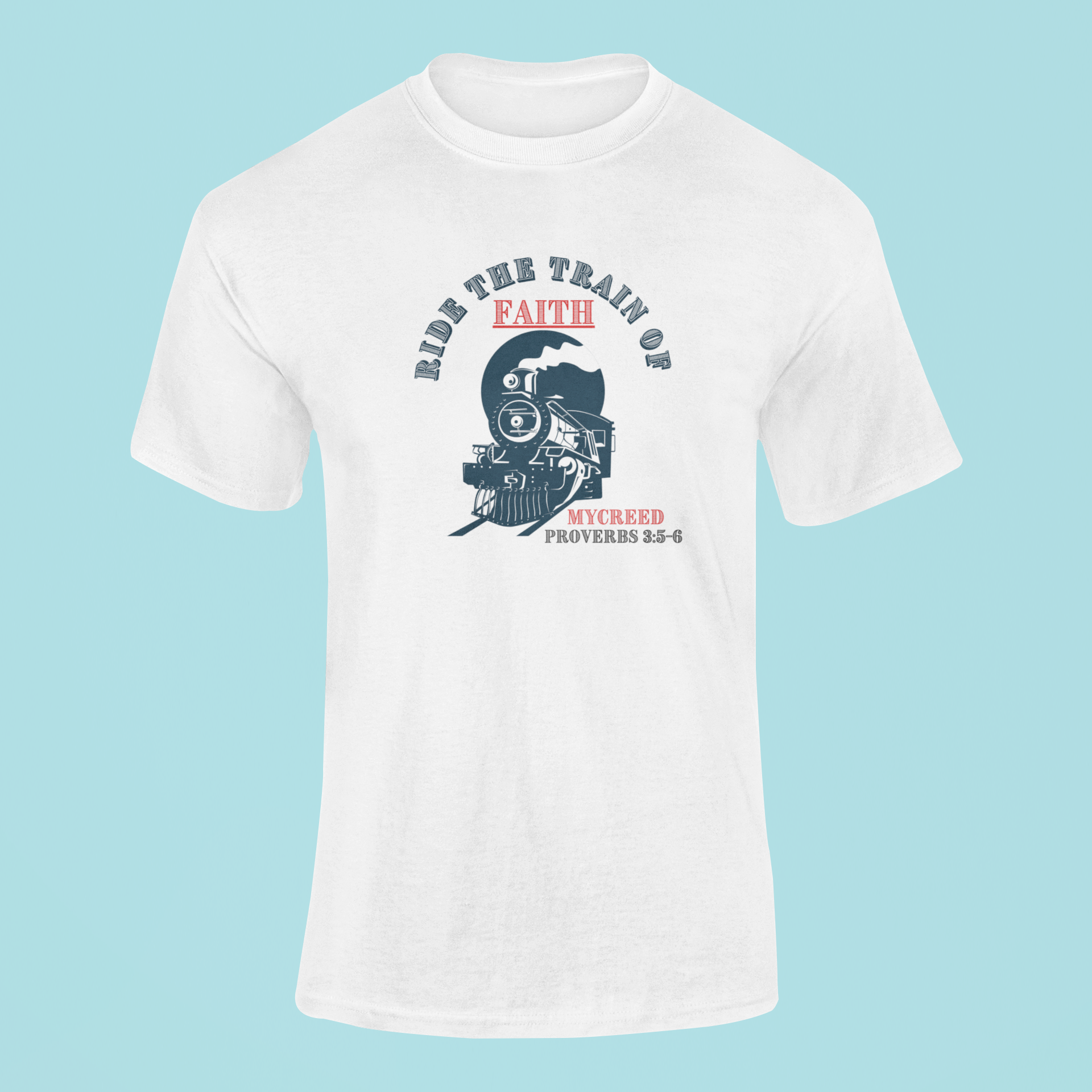 RIDE THE FAITH TRAIN Christian T-Shirt – Romans 10:17 | Bella+Canvas® 3001 by MYCREED
