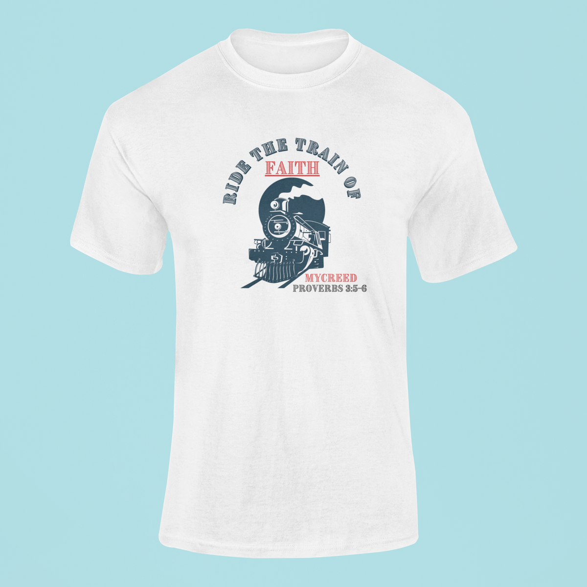 RIDE THE FAITH TRAIN Christian T-Shirt – Romans 10:17 | Bella+Canvas® 3001 by MYCREED