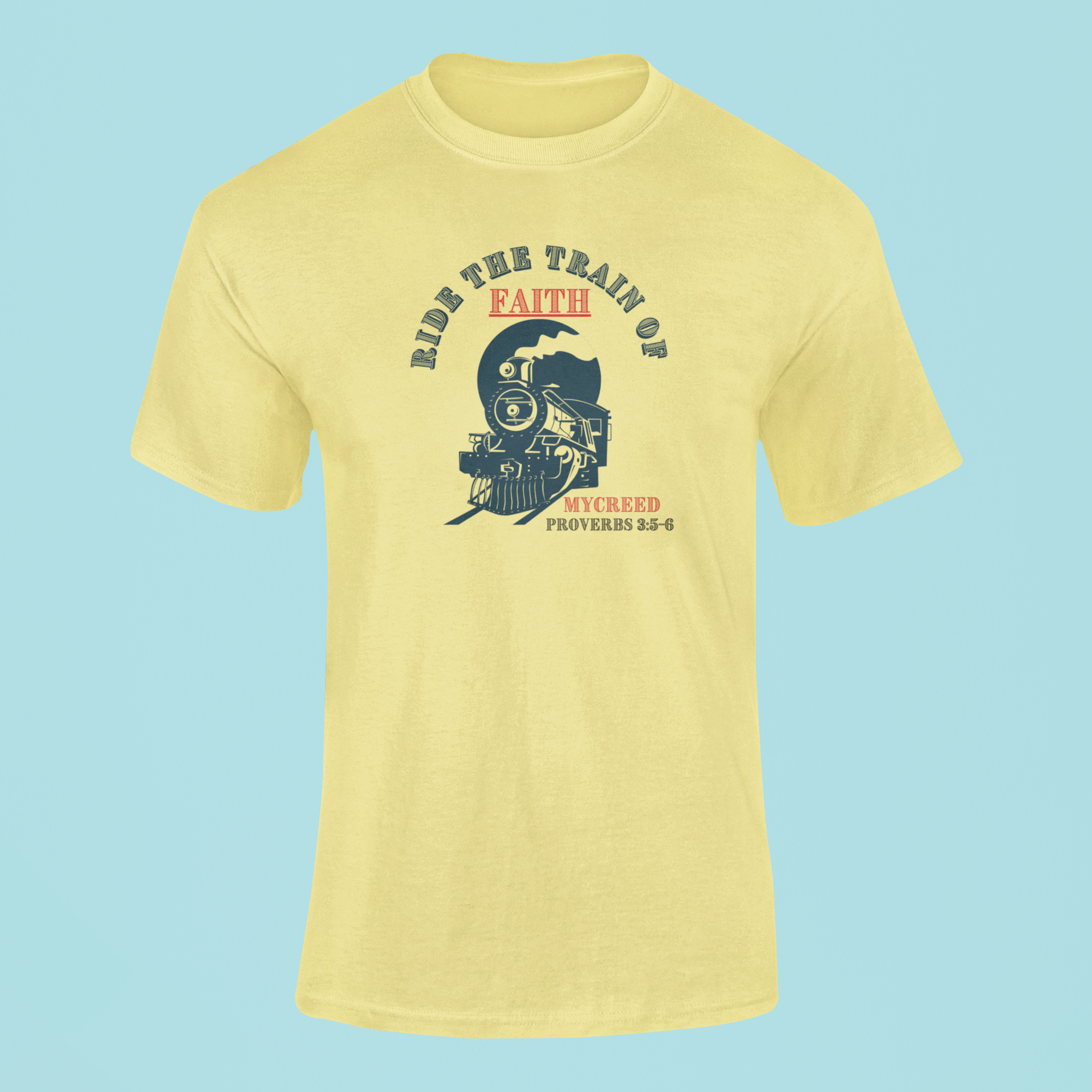 RIDE THE FAITH TRAIN Christian T-Shirt – Romans 10:17 | Bella+Canvas® 3001 by MYCREED