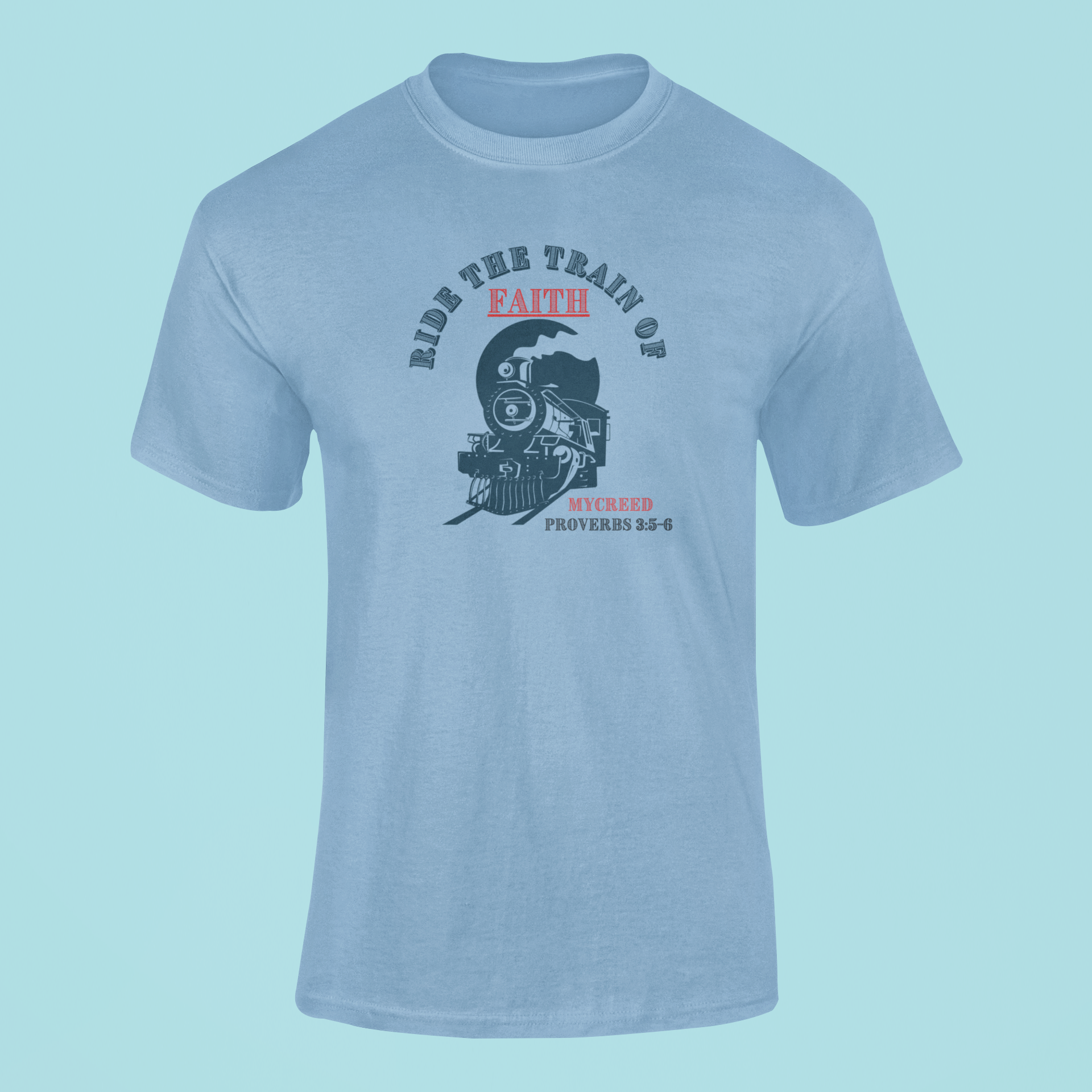 RIDE THE FAITH TRAIN Christian T-Shirt – Romans 10:17 | Bella+Canvas® 3001 by MYCREED