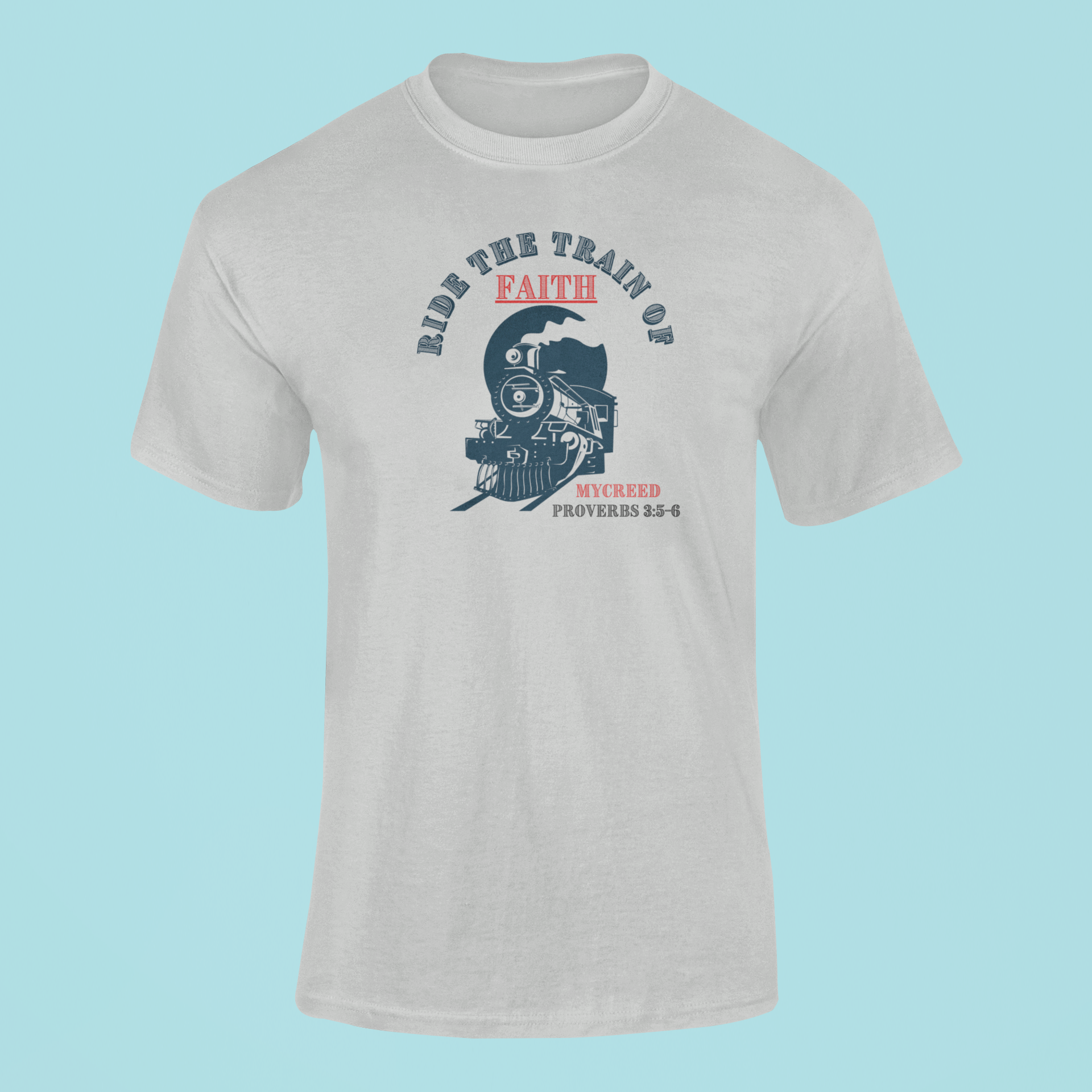 RIDE THE FAITH TRAIN Christian T-Shirt – Romans 10:17 | Bella+Canvas® 3001 by MYCREED