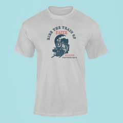 RIDE THE FAITH TRAIN Christian T-Shirt – Romans 10:17 | Bella+Canvas® 3001 by MYCREED