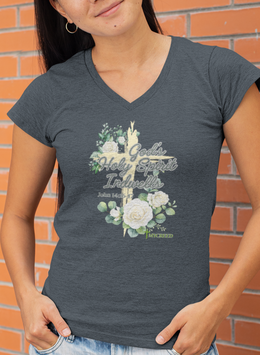Stylish Christian v-neck t-shirt for women with spiritual scripture design from John 14:16-17, MyCreed apparel.
